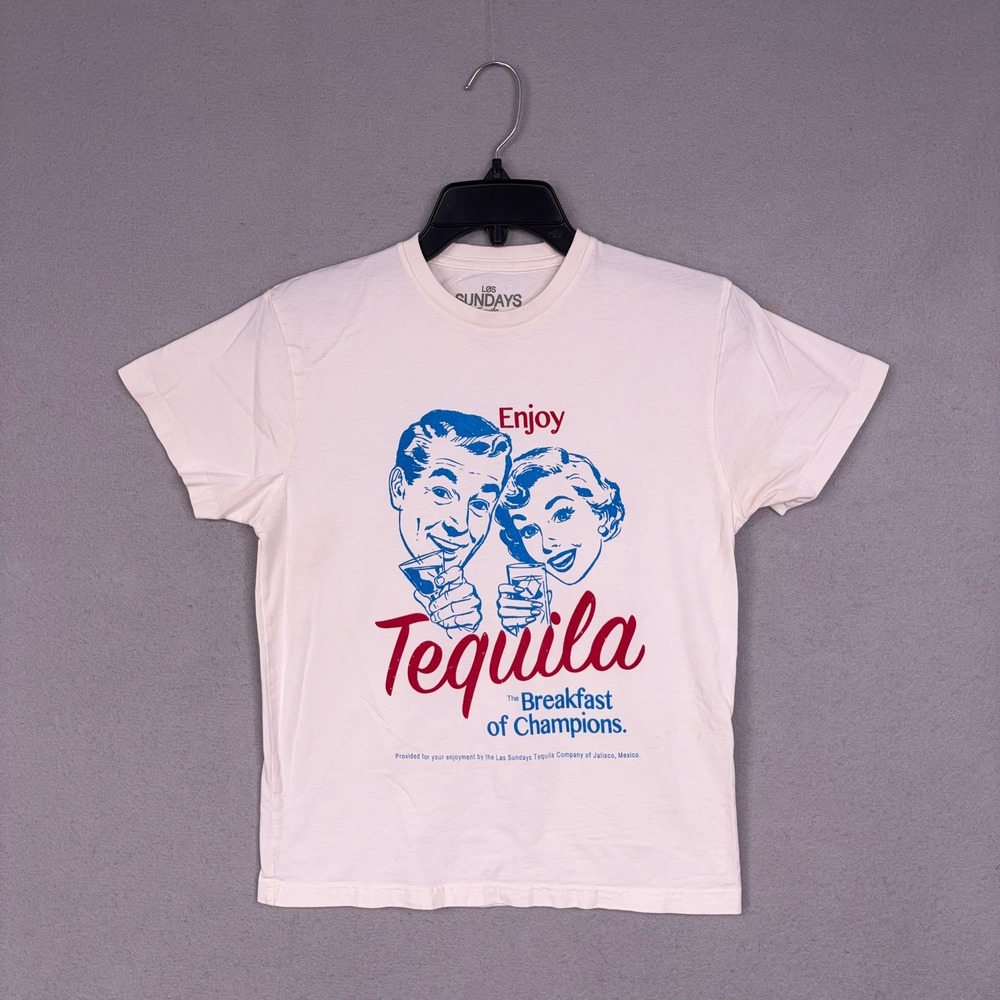 Los Sundays Shirt Mens Small White Graphic Tequila Breakfast Retro Tee